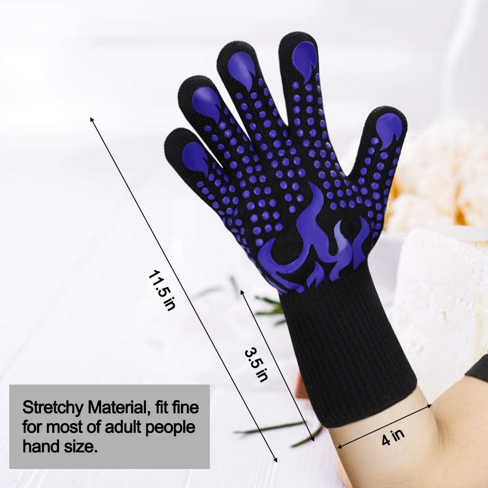BBQ Gloves, 1472 Degree F Heat Resistant Grilling Gloves Silicone Non-Slip Oven Gloves Long Kitchen Gloves for Barbecue, Cooking, Baking, Cutting