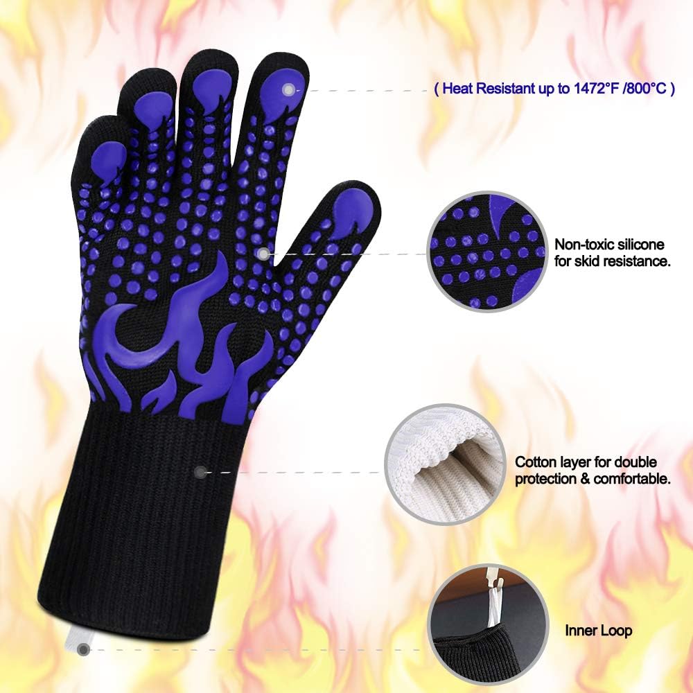 BBQ Gloves, 1472 Degree F Heat Resistant Grilling Gloves Silicone Non-Slip Oven Gloves Long Kitchen Gloves for Barbecue, Cooking, Baking, Cutting