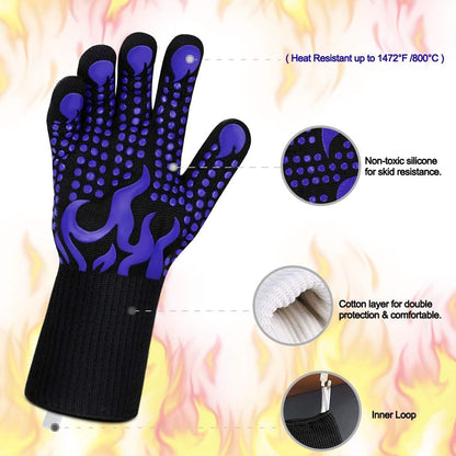 BBQ Gloves, 1472 Degree F Heat Resistant Grilling Gloves Silicone Non-Slip Oven Gloves Long Kitchen Gloves for Barbecue, Cooking, Baking, Cutting