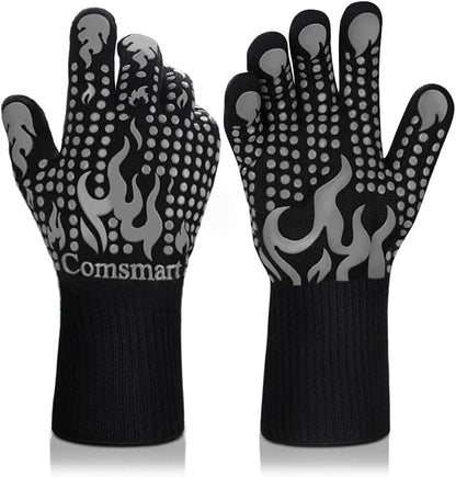 BBQ Gloves, 1472 Degree F Heat Resistant Grilling Gloves Silicone Non-Slip Oven Gloves Long Kitchen Gloves for Barbecue, Cooking, Baking, Cutting