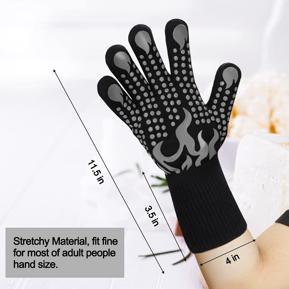 BBQ Gloves, 1472 Degree F Heat Resistant Grilling Gloves Silicone Non-Slip Oven Gloves Long Kitchen Gloves for Barbecue, Cooking, Baking, Cutting