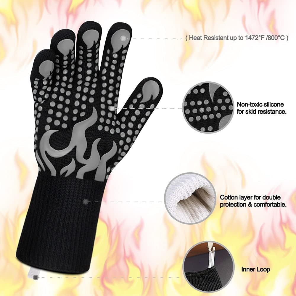BBQ Gloves, 1472 Degree F Heat Resistant Grilling Gloves Silicone Non-Slip Oven Gloves Long Kitchen Gloves for Barbecue, Cooking, Baking, Cutting
