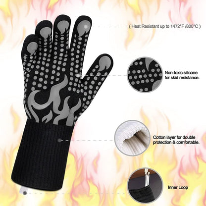 BBQ Gloves, 1472 Degree F Heat Resistant Grilling Gloves Silicone Non-Slip Oven Gloves Long Kitchen Gloves for Barbecue, Cooking, Baking, Cutting