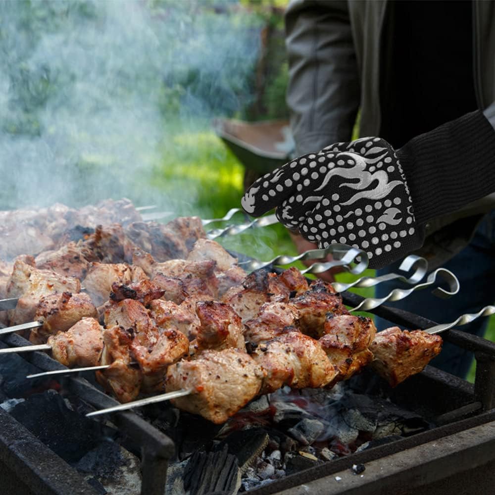 BBQ Gloves, 1472 Degree F Heat Resistant Grilling Gloves Silicone Non-Slip Oven Gloves Long Kitchen Gloves for Barbecue, Cooking, Baking, Cutting