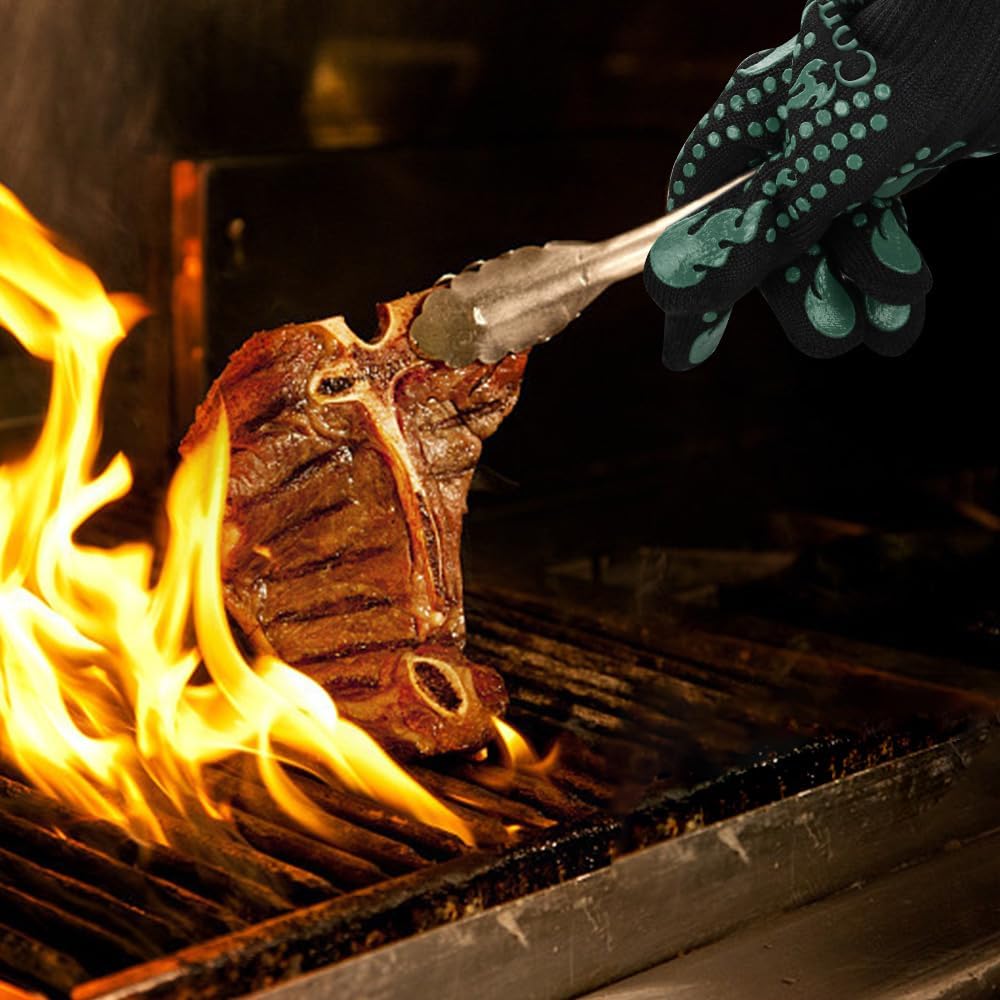 BBQ Gloves, 1472 Degree F Heat Resistant Grilling Gloves Silicone Non-Slip Oven Gloves Long Kitchen Gloves for Barbecue, Cooking, Baking, Cutting