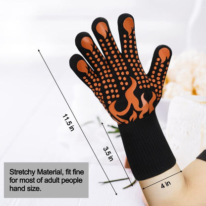 BBQ Gloves, 1472 Degree F Heat Resistant Grilling Gloves Silicone Non-Slip Oven Gloves Long Kitchen Gloves for Barbecue, Cooking, Baking, Cutting