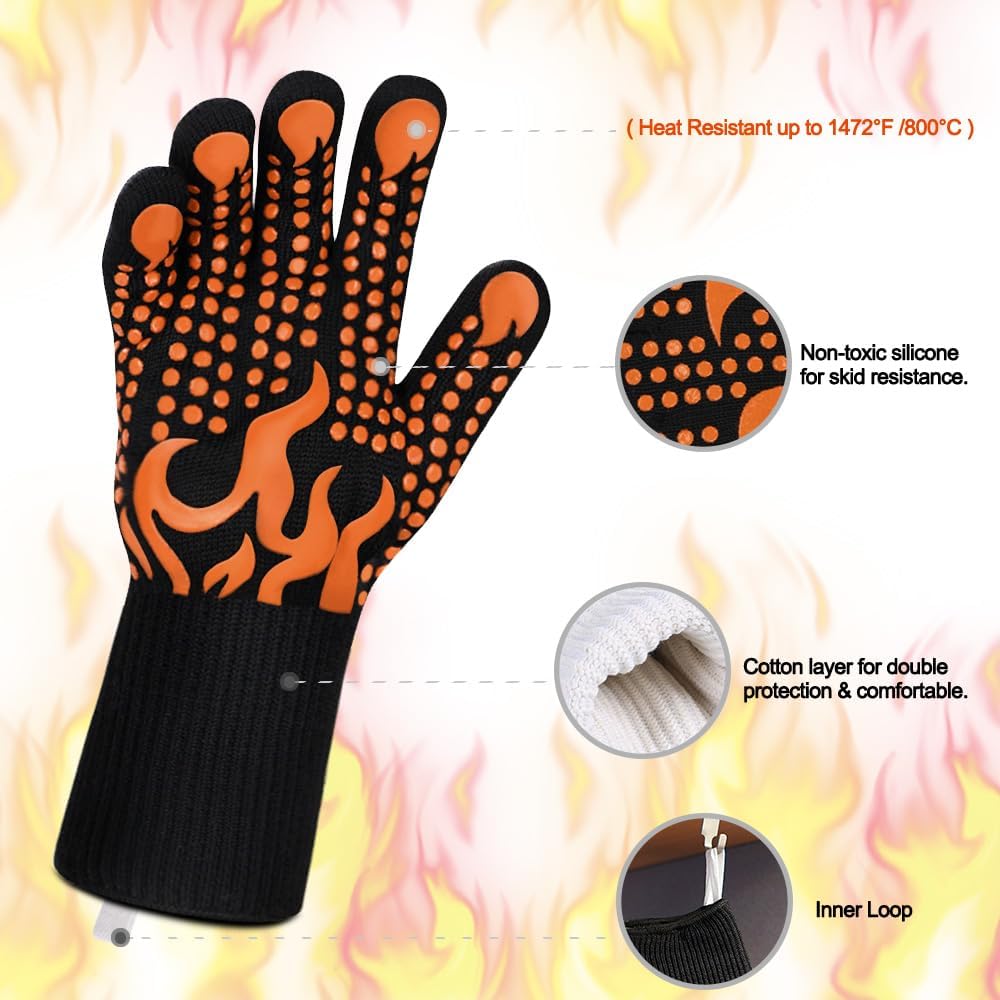 BBQ Gloves, 1472 Degree F Heat Resistant Grilling Gloves Silicone Non-Slip Oven Gloves Long Kitchen Gloves for Barbecue, Cooking, Baking, Cutting