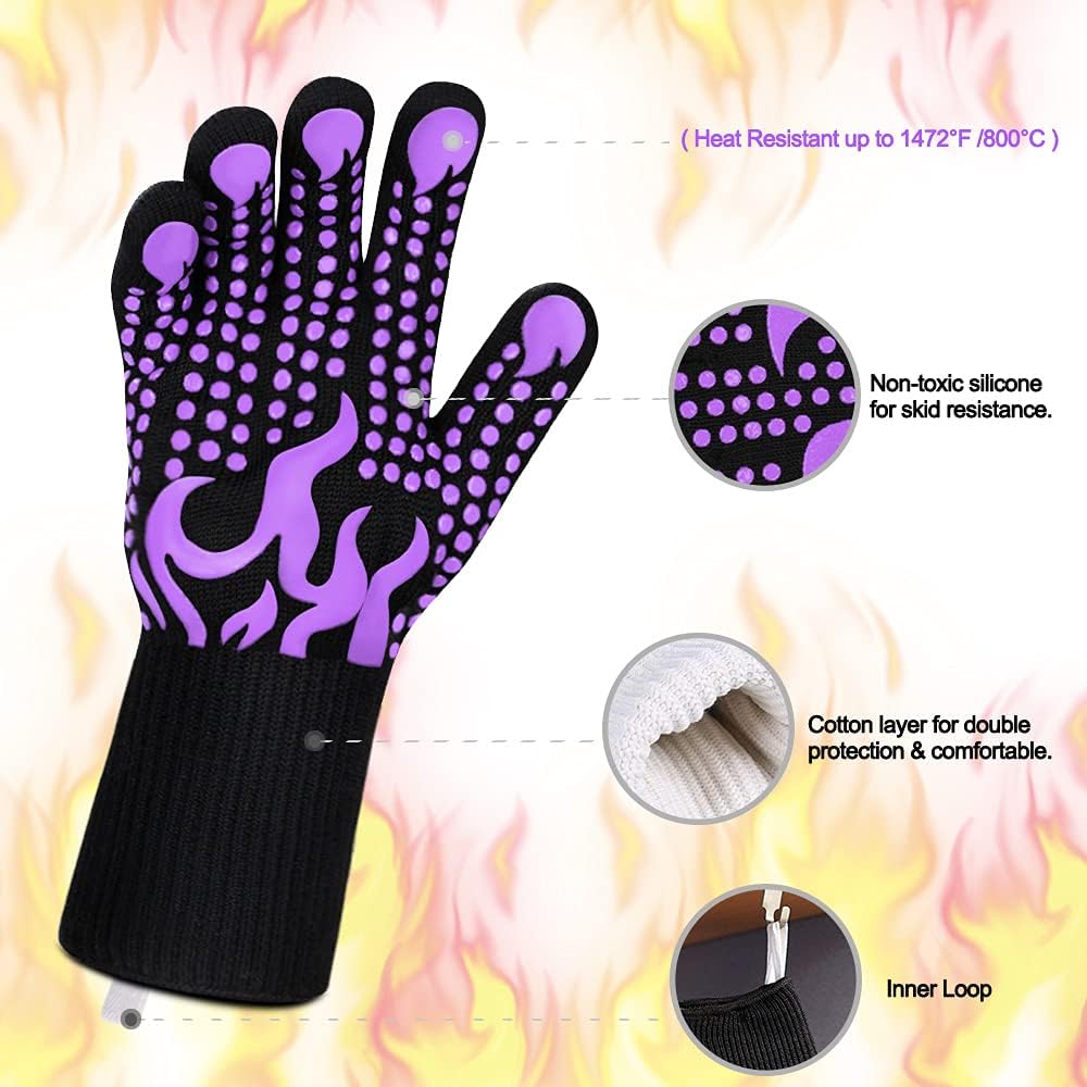 BBQ Gloves, 1472 Degree F Heat Resistant Grilling Gloves Silicone Non-Slip Oven Gloves Long Kitchen Gloves for Barbecue, Cooking, Baking, Cutting