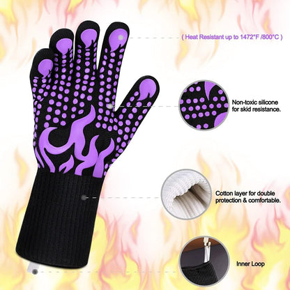 BBQ Gloves, 1472 Degree F Heat Resistant Grilling Gloves Silicone Non-Slip Oven Gloves Long Kitchen Gloves for Barbecue, Cooking, Baking, Cutting