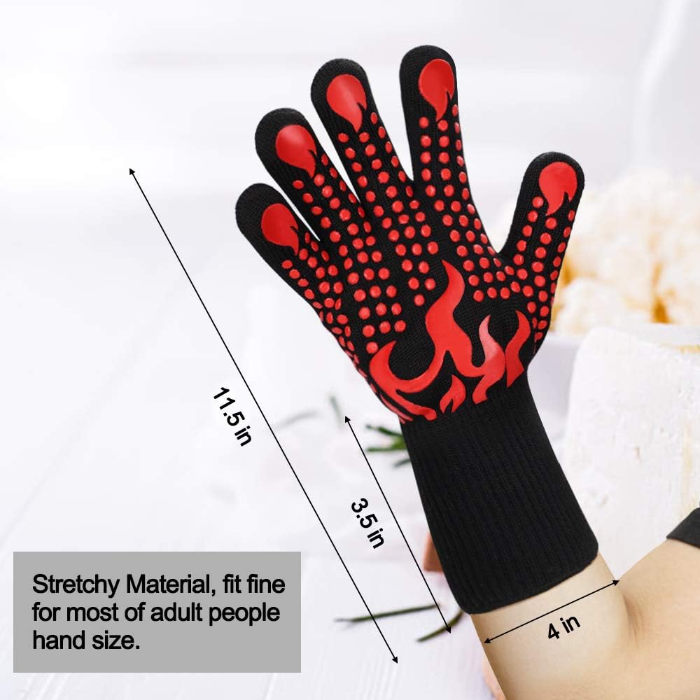 BBQ Gloves, 1472 Degree F Heat Resistant Grilling Gloves Silicone Non-Slip Oven Gloves Long Kitchen Gloves for Barbecue, Cooking, Baking, Cutting