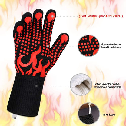 BBQ Gloves, 1472 Degree F Heat Resistant Grilling Gloves Silicone Non-Slip Oven Gloves Long Kitchen Gloves for Barbecue, Cooking, Baking, Cutting