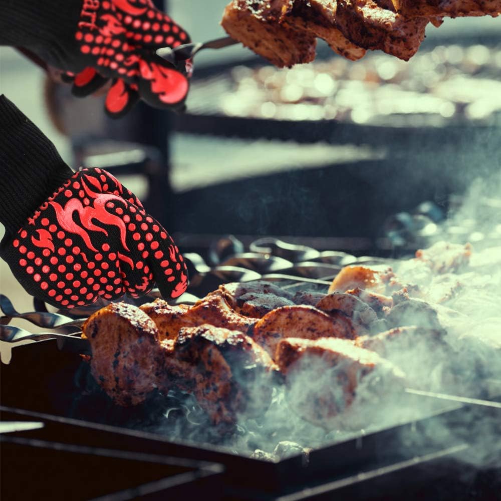 BBQ Gloves, 1472 Degree F Heat Resistant Grilling Gloves Silicone Non-Slip Oven Gloves Long Kitchen Gloves for Barbecue, Cooking, Baking, Cutting