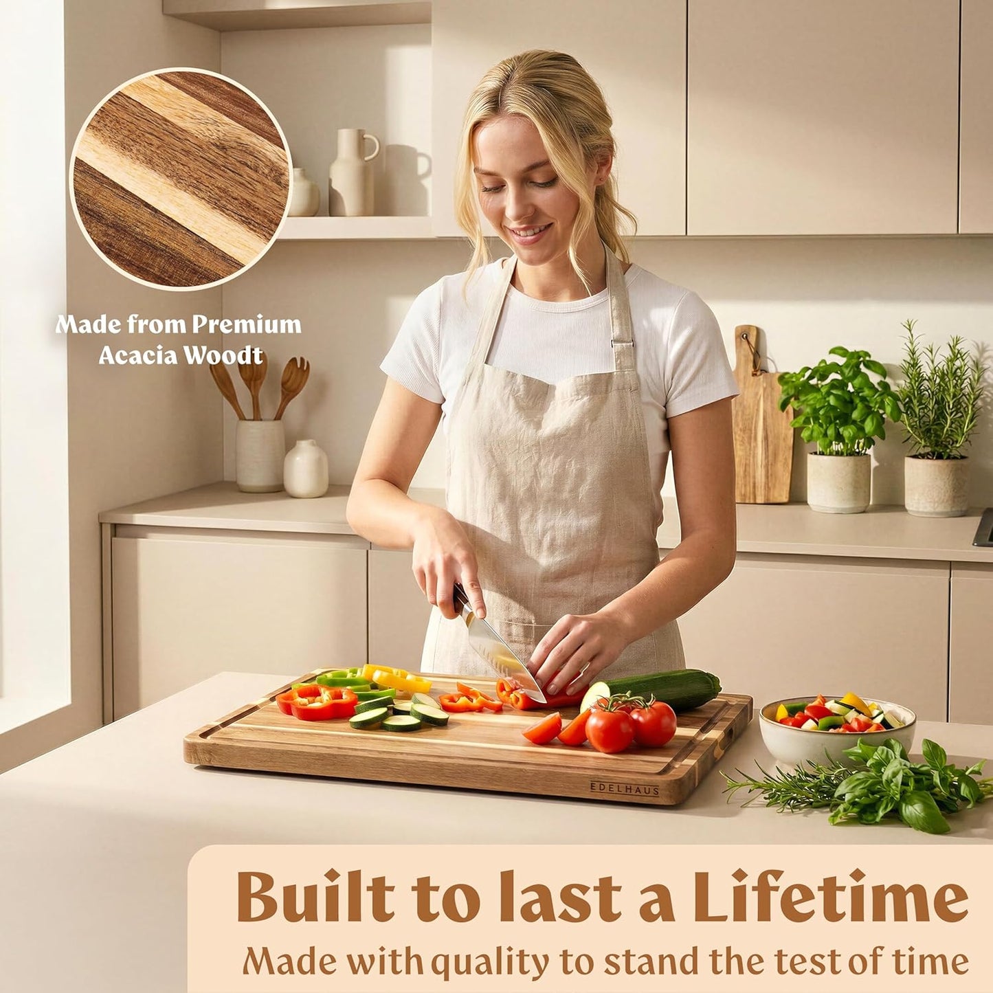 Extra Large Acacia Wood Cutting Board 17x13, Juice Groove | FSC-certified wooden chopping board; knife-friendly, large kitchen boards for meat, cheese, charcuterie & serving