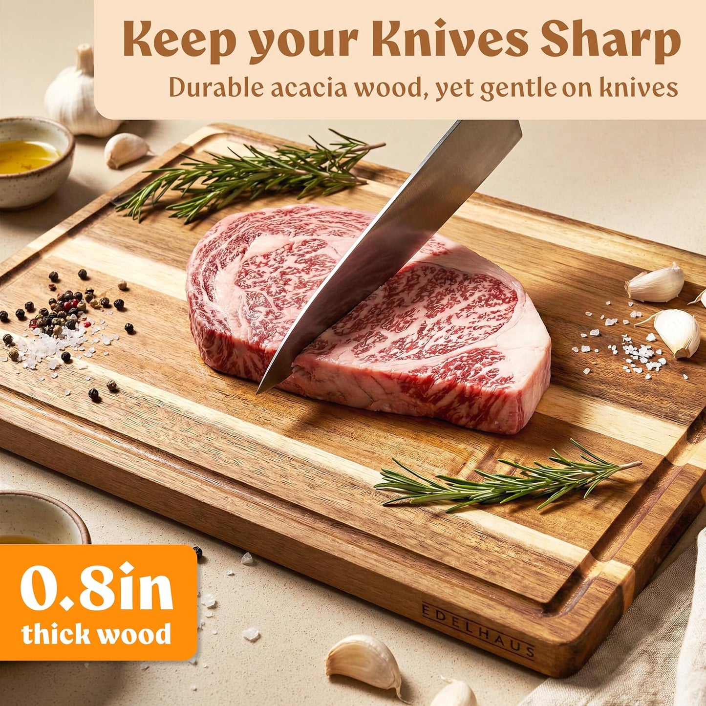 Extra Large Acacia Wood Cutting Board 17x13, Juice Groove | FSC-certified wooden chopping board; knife-friendly, large kitchen boards for meat, cheese, charcuterie & serving
