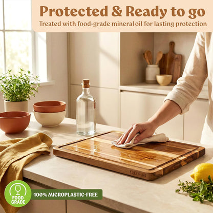 Extra Large Acacia Wood Cutting Board 17x13, Juice Groove | FSC-certified wooden chopping board; knife-friendly, large kitchen boards for meat, cheese, charcuterie & serving