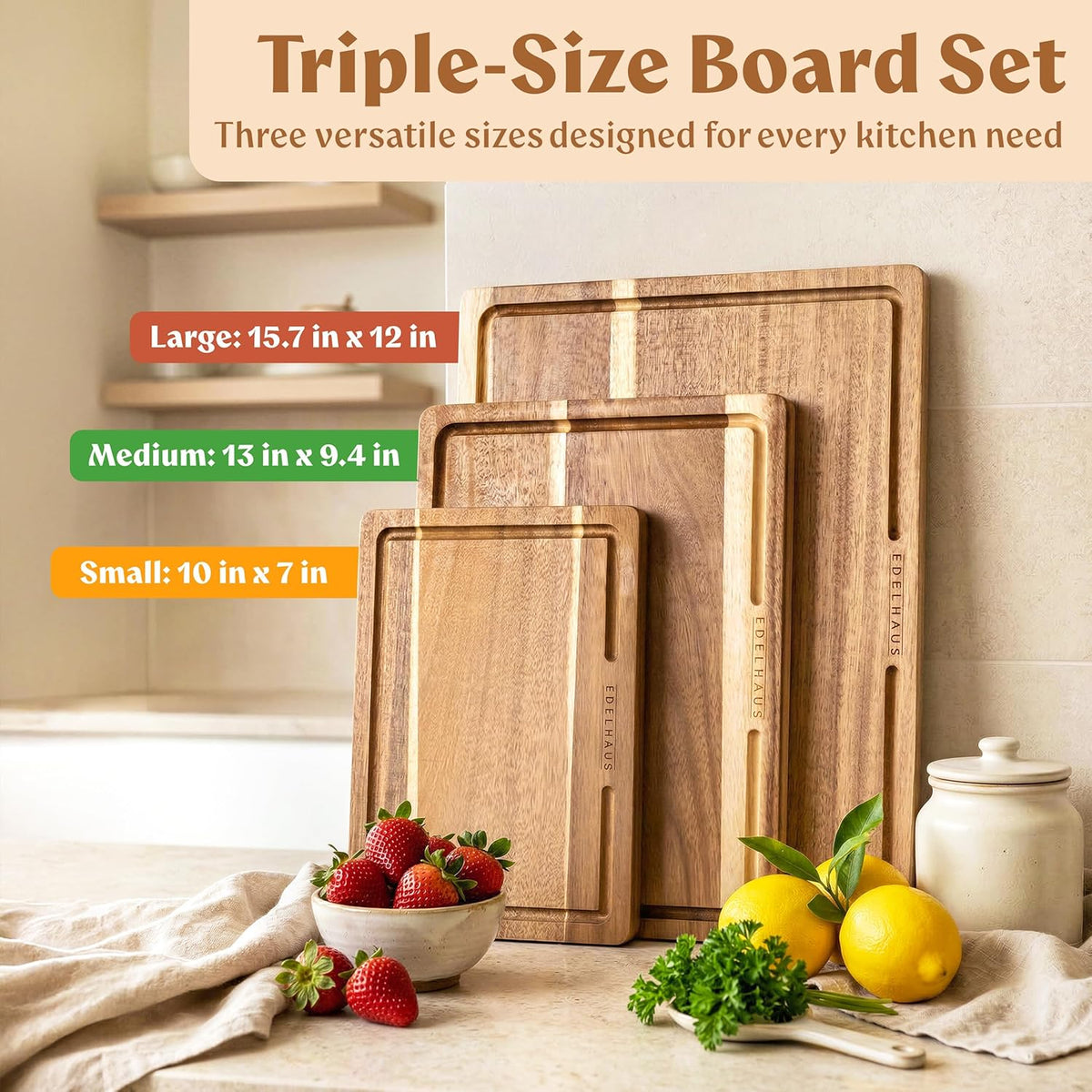 Extra Large Acacia Wood Cutting Board 17x13, Juice Groove | FSC-certified wooden chopping board; knife-friendly, large kitchen boards for meat, cheese, charcuterie & serving