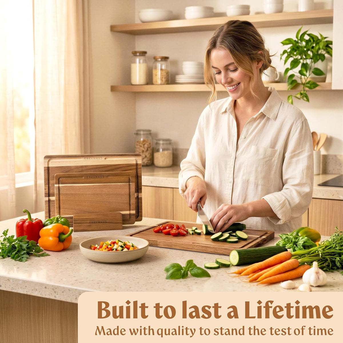 Extra Large Acacia Wood Cutting Board 17x13, Juice Groove | FSC-certified wooden chopping board; knife-friendly, large kitchen boards for meat, cheese, charcuterie & serving