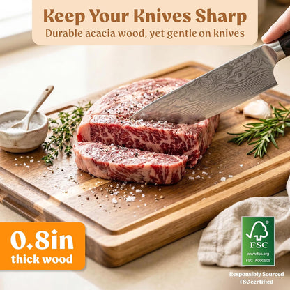 Extra Large Acacia Wood Cutting Board 17x13, Juice Groove | FSC-certified wooden chopping board; knife-friendly, large kitchen boards for meat, cheese, charcuterie & serving