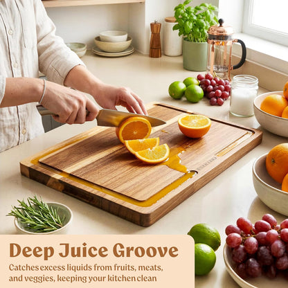 Extra Large Acacia Wood Cutting Board 17x13, Juice Groove | FSC-certified wooden chopping board; knife-friendly, large kitchen boards for meat, cheese, charcuterie & serving