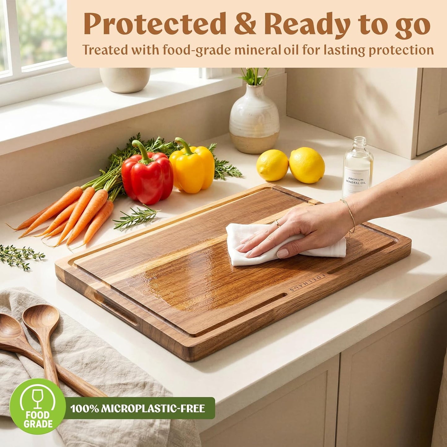 Extra Large Acacia Wood Cutting Board 17x13, Juice Groove | FSC-certified wooden chopping board; knife-friendly, large kitchen boards for meat, cheese, charcuterie & serving