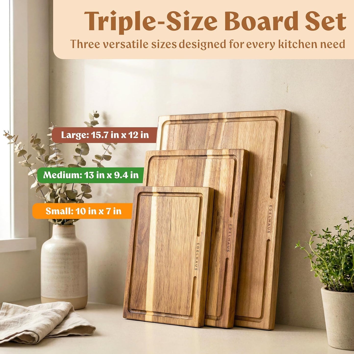 Extra Large Acacia Wood Cutting Board 17x13, Juice Groove | FSC-certified wooden chopping board; knife-friendly, large kitchen boards for meat, cheese, charcuterie & serving