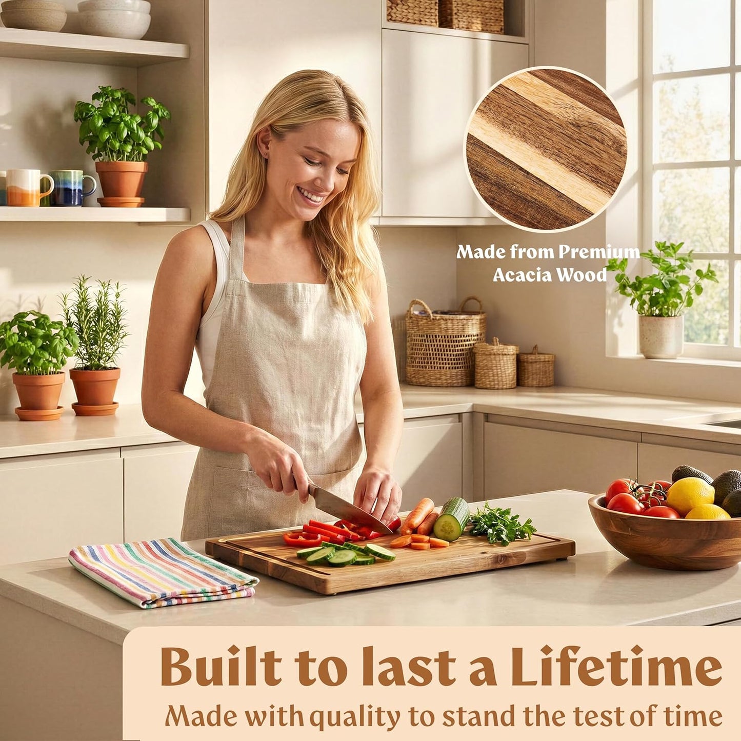 Extra Large Acacia Wood Cutting Board 17x13, Juice Groove | FSC-certified wooden chopping board; knife-friendly, large kitchen boards for meat, cheese, charcuterie & serving