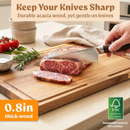 Extra Large Acacia Wood Cutting Board 17x13, Juice Groove | FSC-certified wooden chopping board; knife-friendly, large kitchen boards for meat, cheese, charcuterie & serving