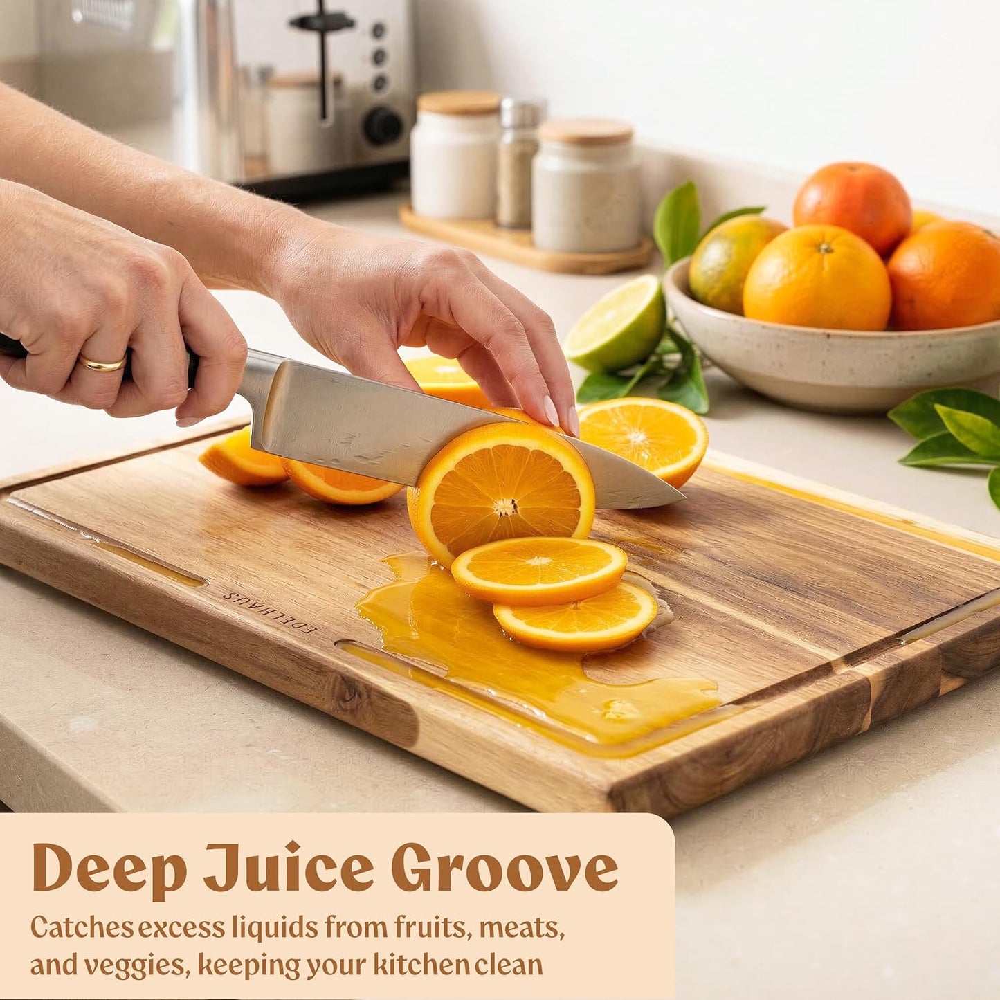 Extra Large Acacia Wood Cutting Board 17x13, Juice Groove | FSC-certified wooden chopping board; knife-friendly, large kitchen boards for meat, cheese, charcuterie & serving