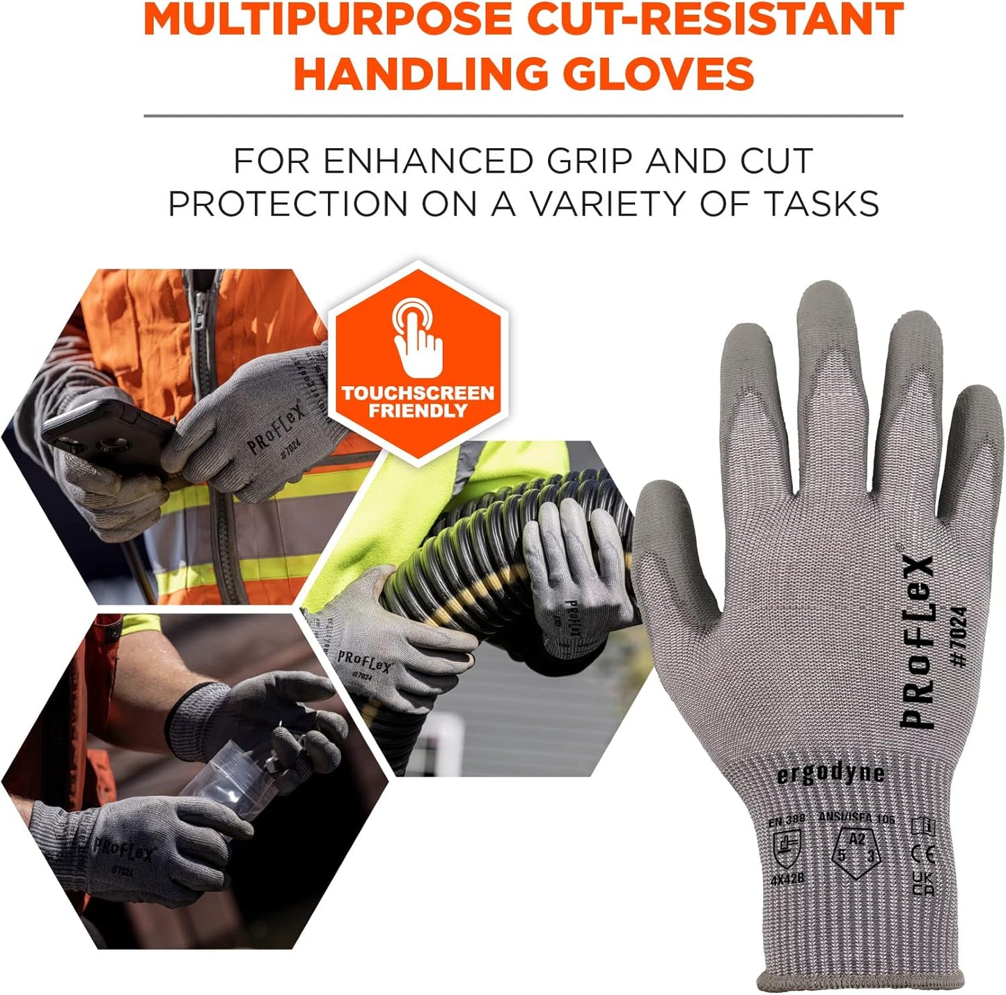 ProFlex 7024 Cut Resistant Work Gloves, ANSI A2, PU Coated Palms for Flexible No Slip Grip, Abrasion Resistant, 13g, Touchscreen Capable, Gray, Medium