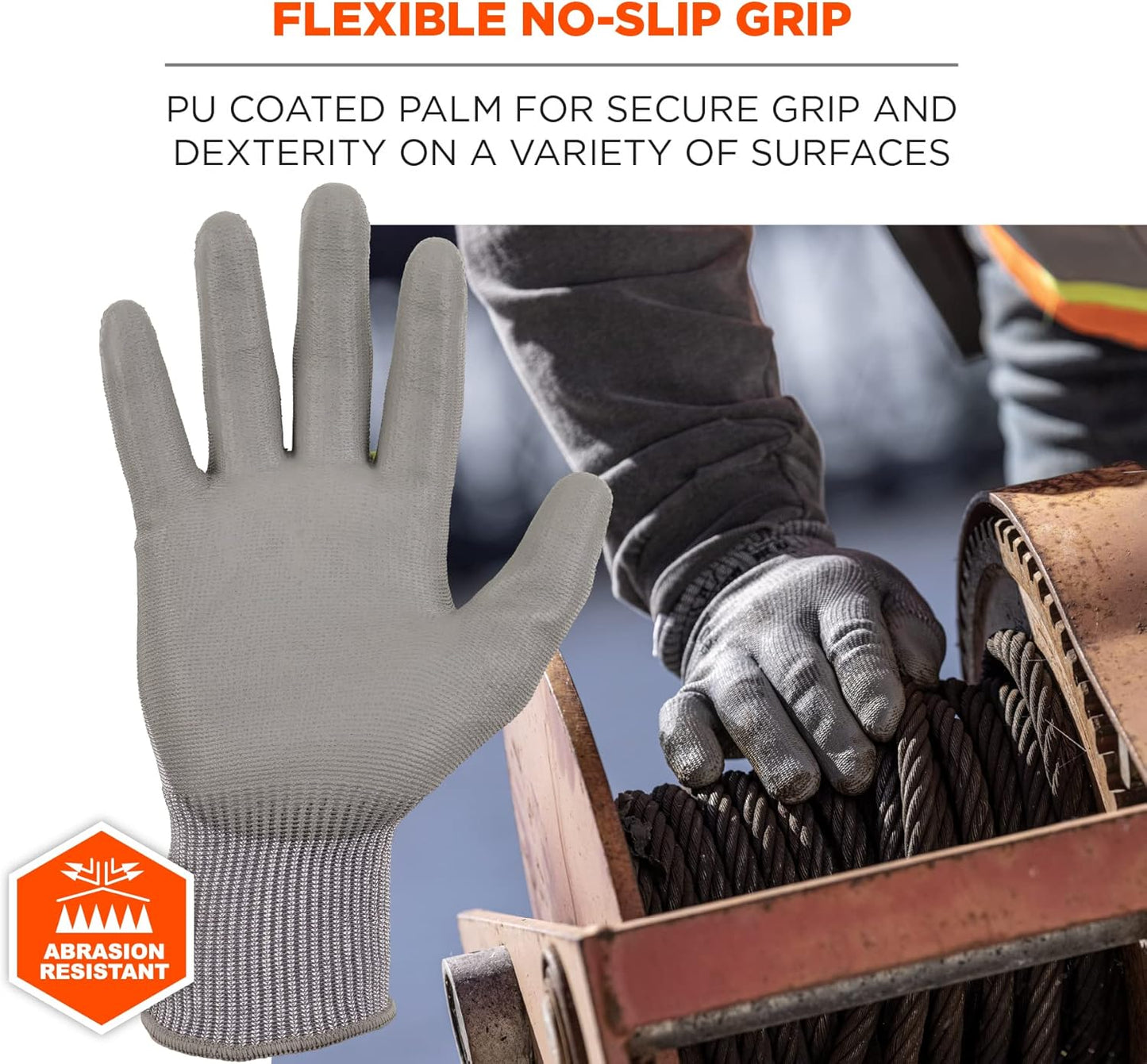 ProFlex 7024 Cut Resistant Work Gloves, ANSI A2, PU Coated Palms for Flexible No Slip Grip, Abrasion Resistant, 13g, Touchscreen Capable, Gray, Medium