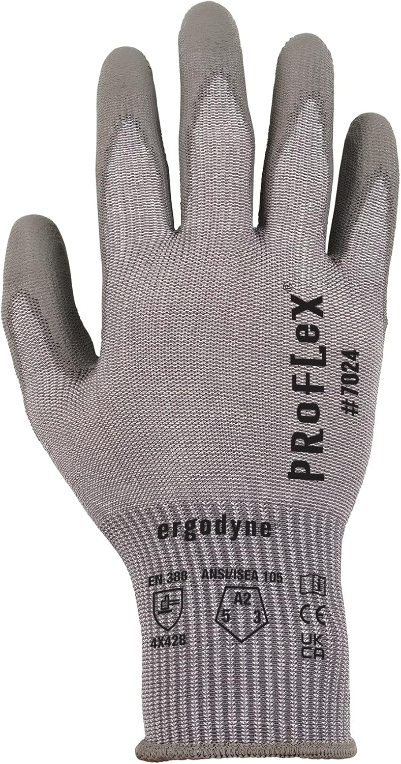 ProFlex 7024 Cut Resistant Work Gloves, ANSI A2, PU Coated Palms for Flexible No Slip Grip, Abrasion Resistant, 13g, Touchscreen Capable, Gray, Medium