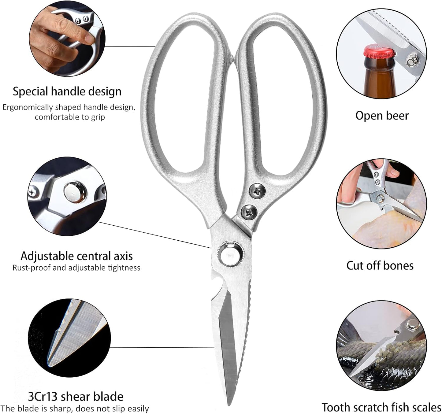 Stainless Steel Detachable Kitchen Shears Full-Steel Forged Metal Scissors for Food, Professional Chef Shears Bone Cutting Meat Pizza Scissors Kitchen Utensils Come Apart, Silver