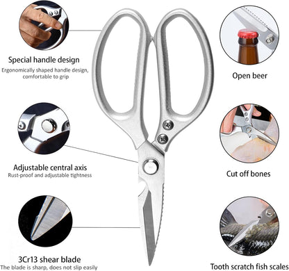 Stainless Steel Detachable Kitchen Shears Full-Steel Forged Metal Scissors for Food, Professional Chef Shears Bone Cutting Meat Pizza Scissors Kitchen Utensils Come Apart, Silver