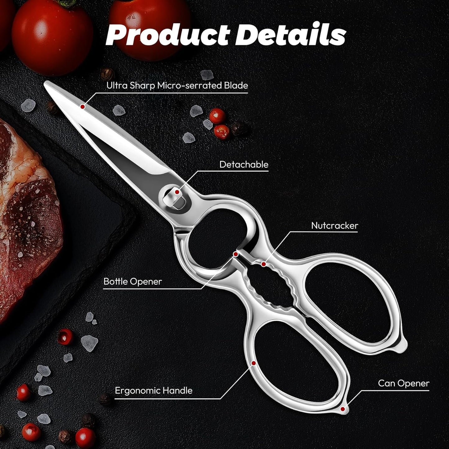 Stainless Steel Detachable Kitchen Shears Full-Steel Forged Metal Scissors for Food, Professional Chef Shears Bone Cutting Meat Pizza Scissors Kitchen Utensils Come Apart, Silver