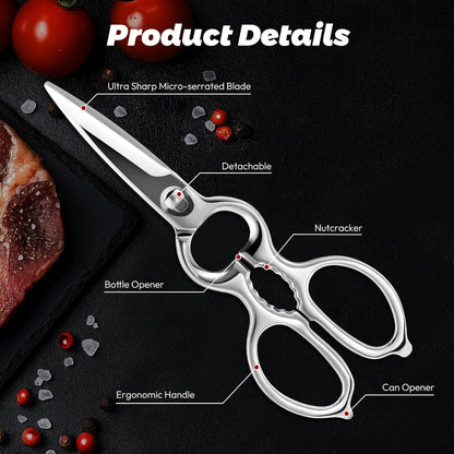 Stainless Steel Detachable Kitchen Shears Full-Steel Forged Metal Scissors for Food, Professional Chef Shears Bone Cutting Meat Pizza Scissors Kitchen Utensils Come Apart, Silver