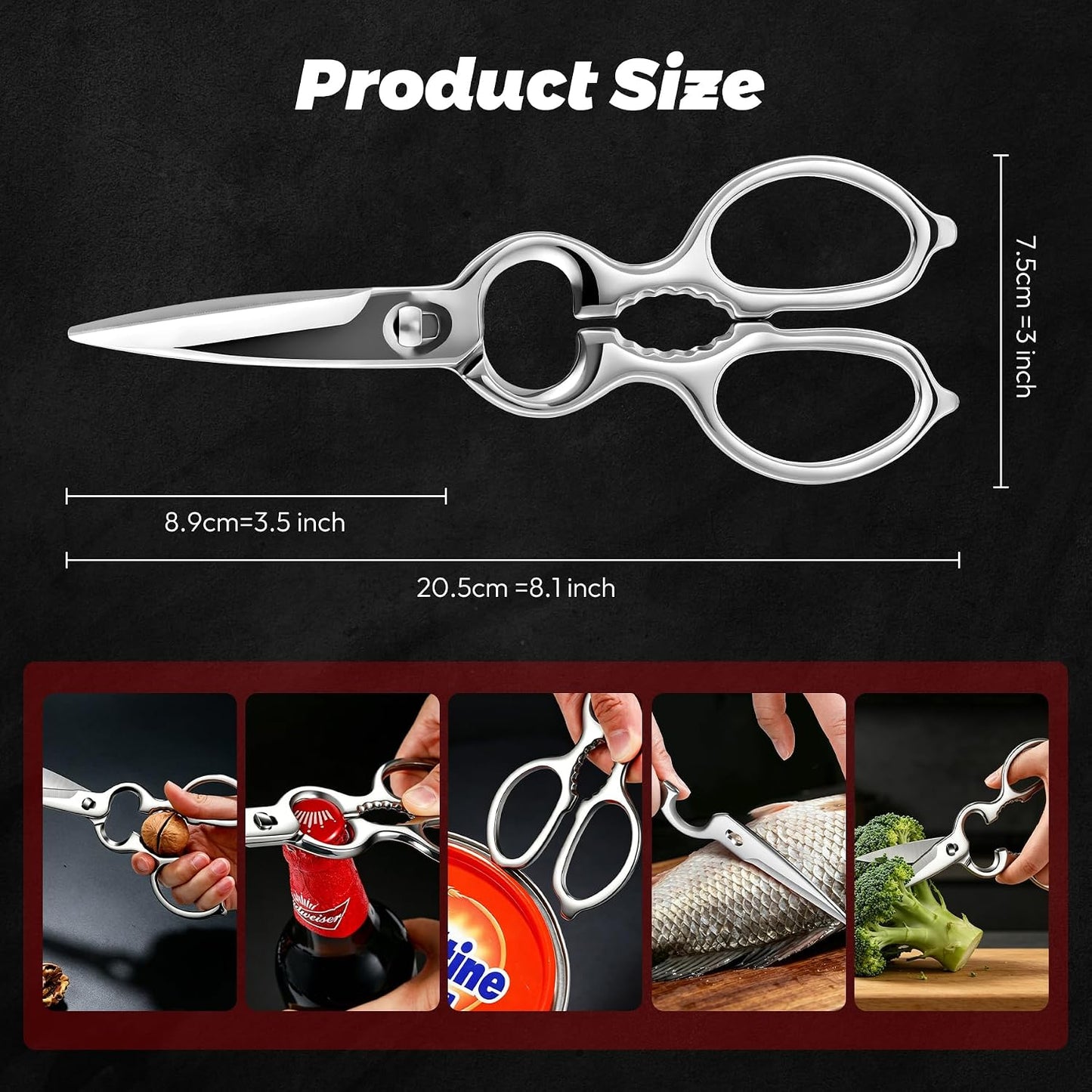Stainless Steel Detachable Kitchen Shears Full-Steel Forged Metal Scissors for Food, Professional Chef Shears Bone Cutting Meat Pizza Scissors Kitchen Utensils Come Apart, Silver