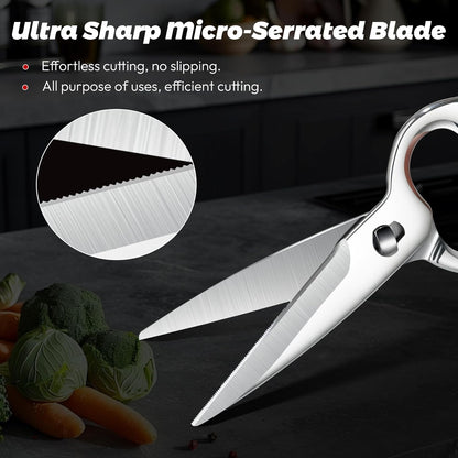Stainless Steel Detachable Kitchen Shears Full-Steel Forged Metal Scissors for Food, Professional Chef Shears Bone Cutting Meat Pizza Scissors Kitchen Utensils Come Apart, Silver