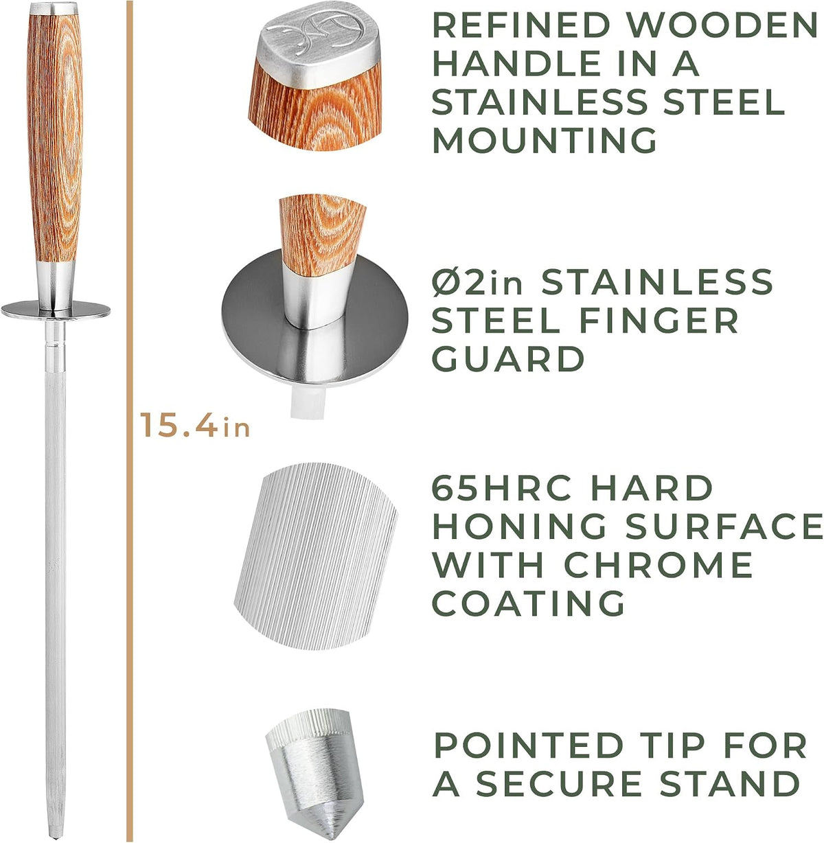 Premium Honing Rod - Honing Steel Made of Hardened Steel with Elegant Wooden Handle - 100% Plastic-Free Sharpening Steel for - Kitchen Knife Sharpener - Knife Sharpeners for Kitchen Knives