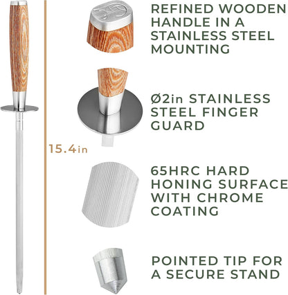 Premium Honing Rod - Honing Steel Made of Hardened Steel with Elegant Wooden Handle - 100% Plastic-Free Sharpening Steel for - Kitchen Knife Sharpener - Knife Sharpeners for Kitchen Knives