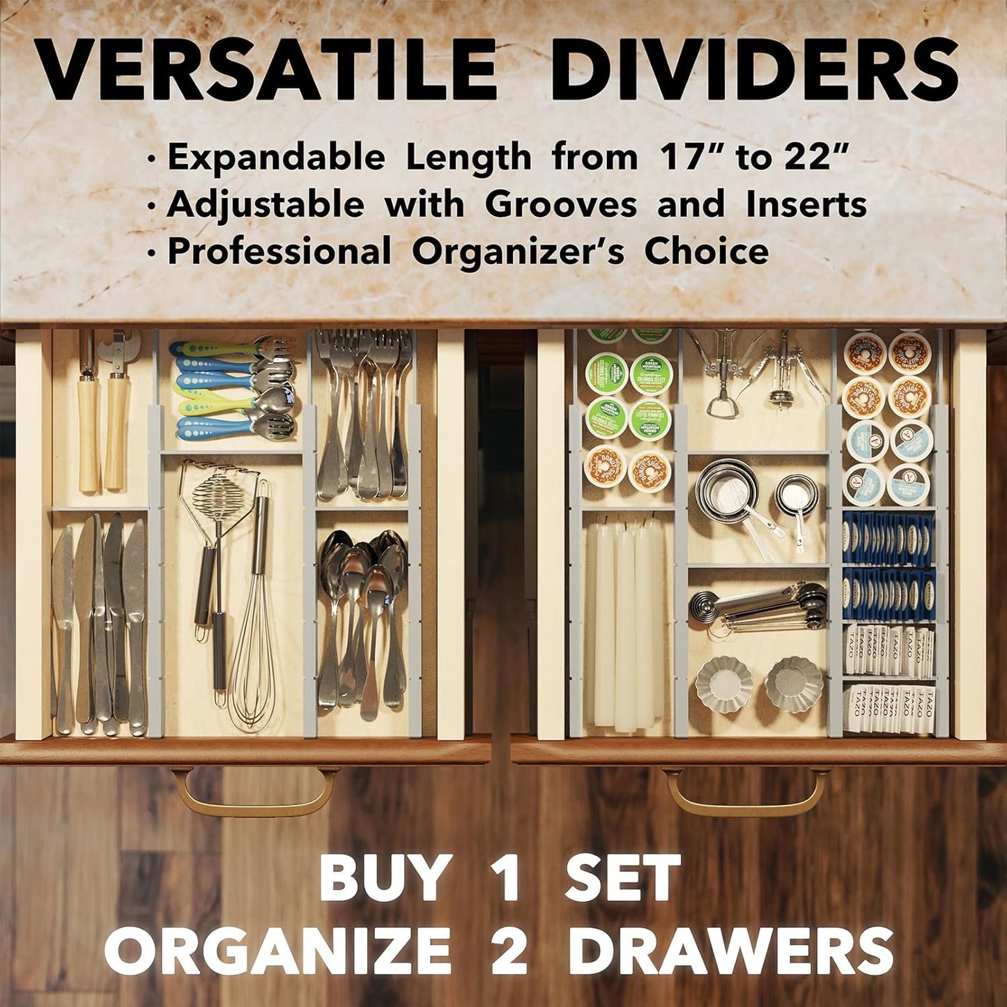 Bamboo Drawer Dividers with Inserts and Labels, Kitchen Adjustable Drawer Organizers, Expandable Organization for Home, Office, Dressers, 4 Dividers with 9 Inserts (17"-22" Natural)
