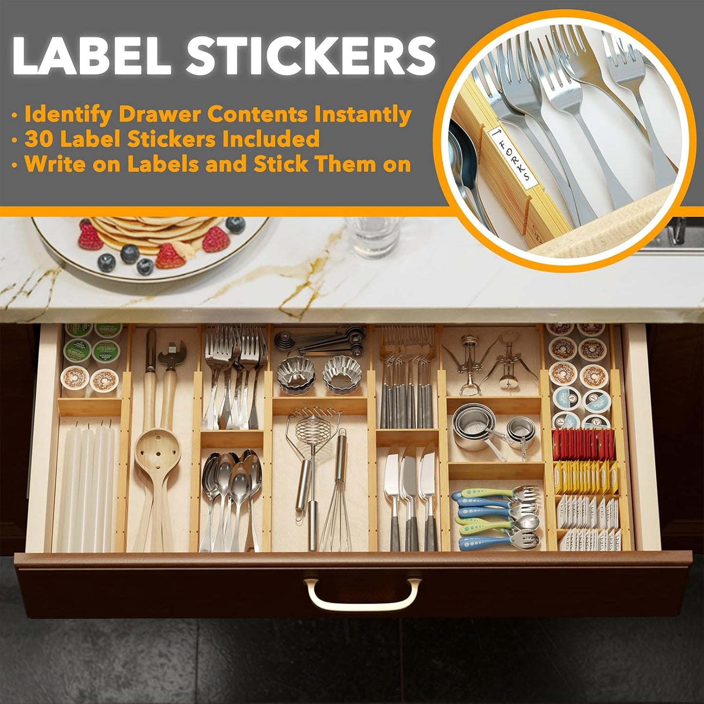 Bamboo Drawer Dividers with Inserts and Labels, Kitchen Adjustable Drawer Organizers, Expandable Organization for Home, Office, Dressers, 4 Dividers with 9 Inserts (17"-22" Natural)
