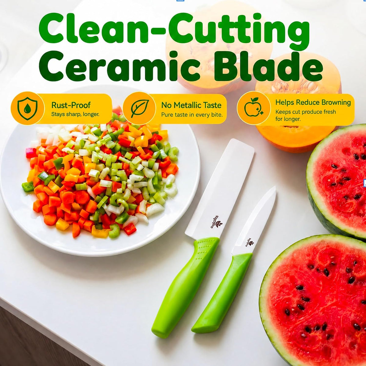Ceramic Knife Set with Ergonomic Handle, Non-Reactive and Professional Chopping Knife Featuring Sharp, Rust-Proof Blades for Cutting Vegetables & Fruits, Durable Ceramic Kitchen Knives Set 6” & 4”