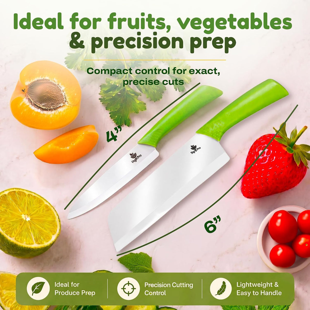 Ceramic Knife Set with Ergonomic Handle, Non-Reactive and Professional Chopping Knife Featuring Sharp, Rust-Proof Blades for Cutting Vegetables & Fruits, Durable Ceramic Kitchen Knives Set 6” & 4”