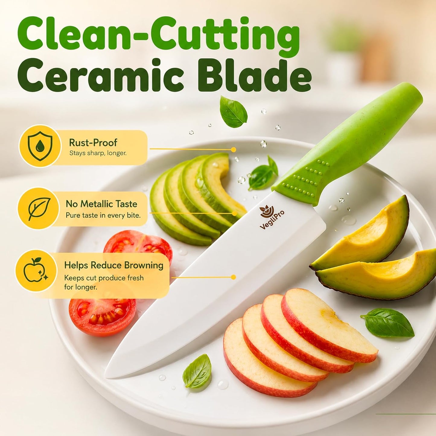 Ceramic Knife Set with Ergonomic Handle, Non-Reactive and Professional Chopping Knife Featuring Sharp, Rust-Proof Blades for Cutting Vegetables & Fruits, Durable Ceramic Kitchen Knives Set 6” & 4”