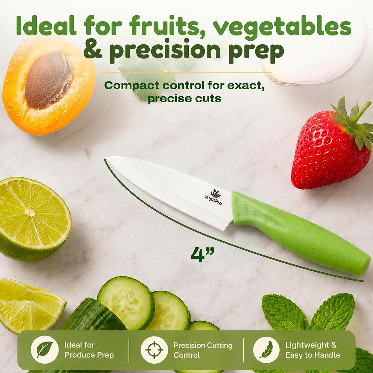 Ceramic Knife Set with Ergonomic Handle, Non-Reactive and Professional Chopping Knife Featuring Sharp, Rust-Proof Blades for Cutting Vegetables & Fruits, Durable Ceramic Kitchen Knives Set 6” & 4”