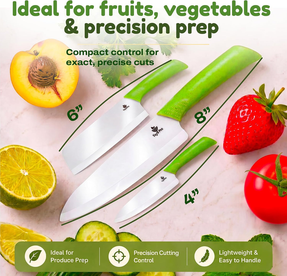 Ceramic Knife Set with Ergonomic Handle, Non-Reactive and Professional Chopping Knife Featuring Sharp, Rust-Proof Blades for Cutting Vegetables & Fruits, Durable Ceramic Kitchen Knives Set 6” & 4”