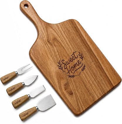 100% Acacia Wood Charcuterie Board Gift Set with 4 Cheese Knives | Natural Wood Grain, Smooth Polished Finish, Charcuterie & Cheese Board,Hosting & Everyday Serving,Premium Gift Box