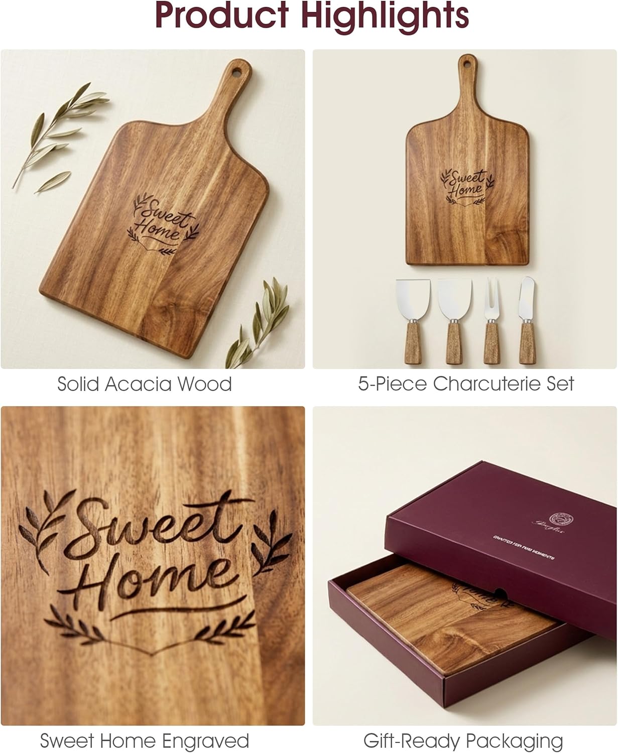 100% Acacia Wood Charcuterie Board Gift Set with 4 Cheese Knives | Natural Wood Grain, Smooth Polished Finish, Charcuterie & Cheese Board,Hosting & Everyday Serving,Premium Gift Box