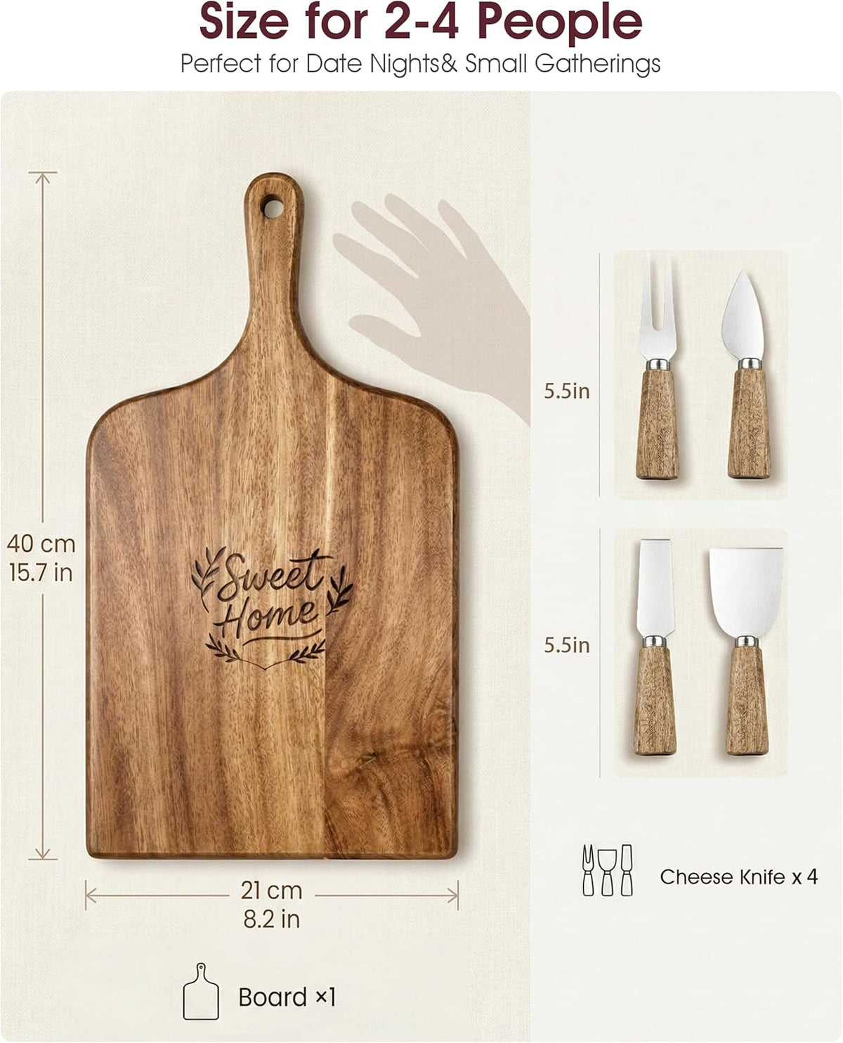 100% Acacia Wood Charcuterie Board Gift Set with 4 Cheese Knives | Natural Wood Grain, Smooth Polished Finish, Charcuterie & Cheese Board,Hosting & Everyday Serving,Premium Gift Box