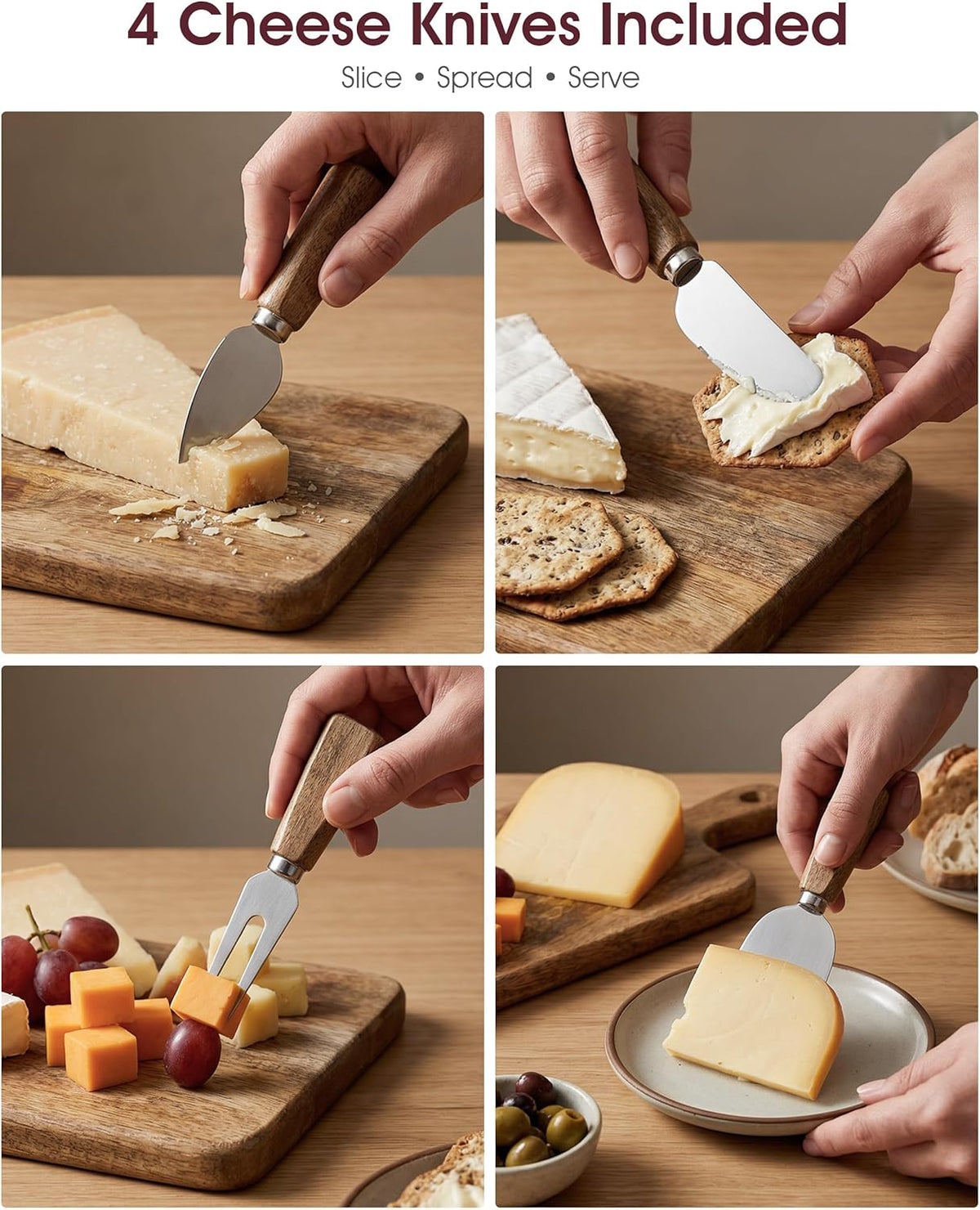 100% Acacia Wood Charcuterie Board Gift Set with 4 Cheese Knives | Natural Wood Grain, Smooth Polished Finish, Charcuterie & Cheese Board,Hosting & Everyday Serving,Premium Gift Box